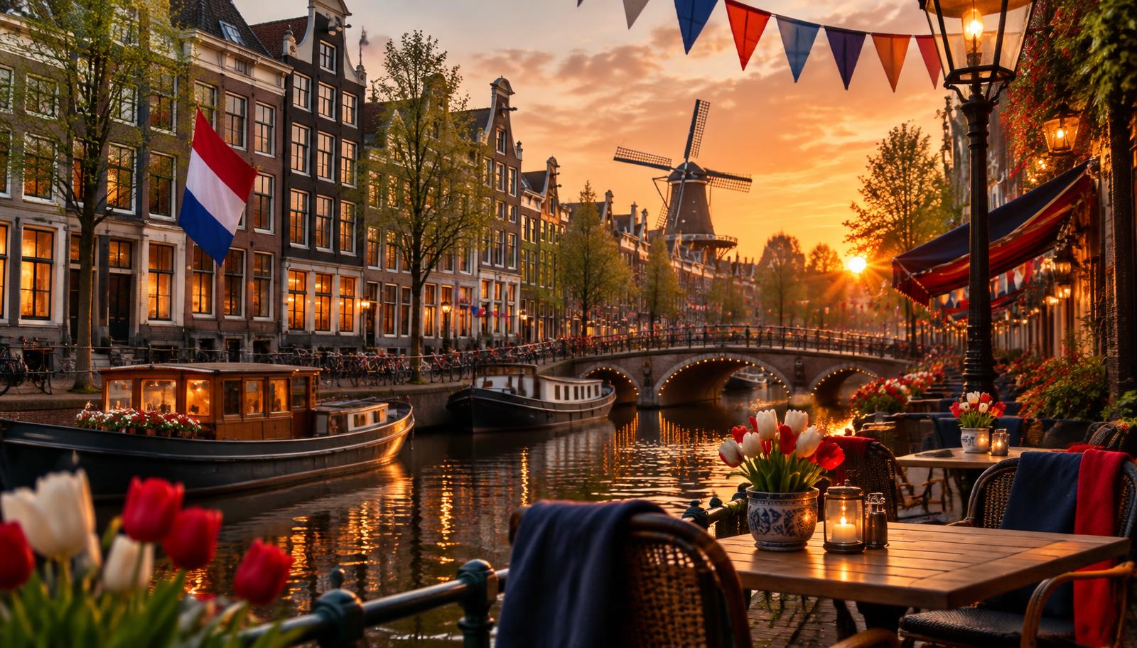 Hollandse grachten met vlag, molen en gezellig terras